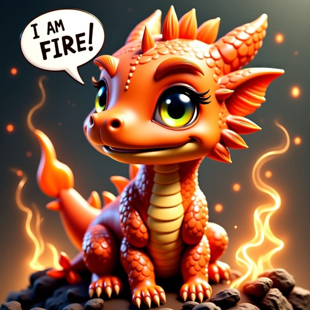 Adorable Baby Dragon Chibified says in speech bubble "I AM FIRE", hyperrealistic, hyperdetailed <lora:Real 3D Adorable:1.0> 