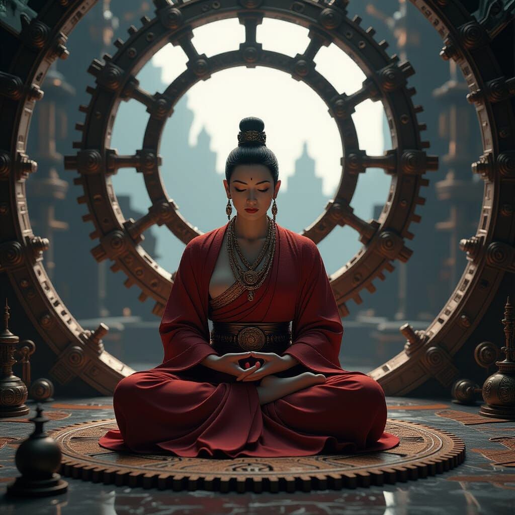 Steampunk Arhat Meditating Amidst Dark Fantasy Horror
