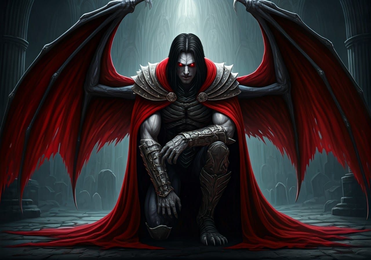 a male vampire, Raziel, kneeling with his wings open, wearing a red cape, dark crypt in the background, detailed face, sinister, insanely de...