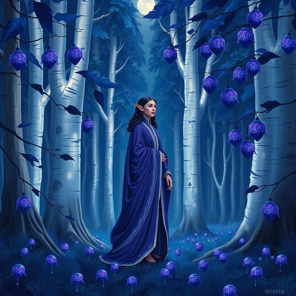 a purple elf stands in the middle