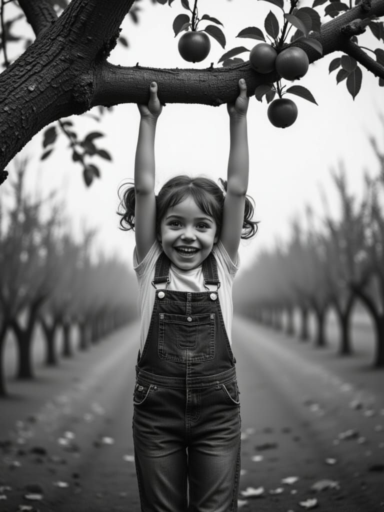 Child's Joyful Leap on Apple Tree Branch in B&W Photo