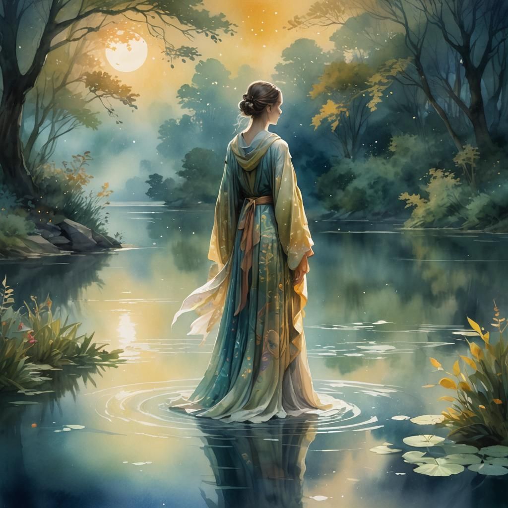 Ethereal Figure by Moonlit Lake: Fantasy Art