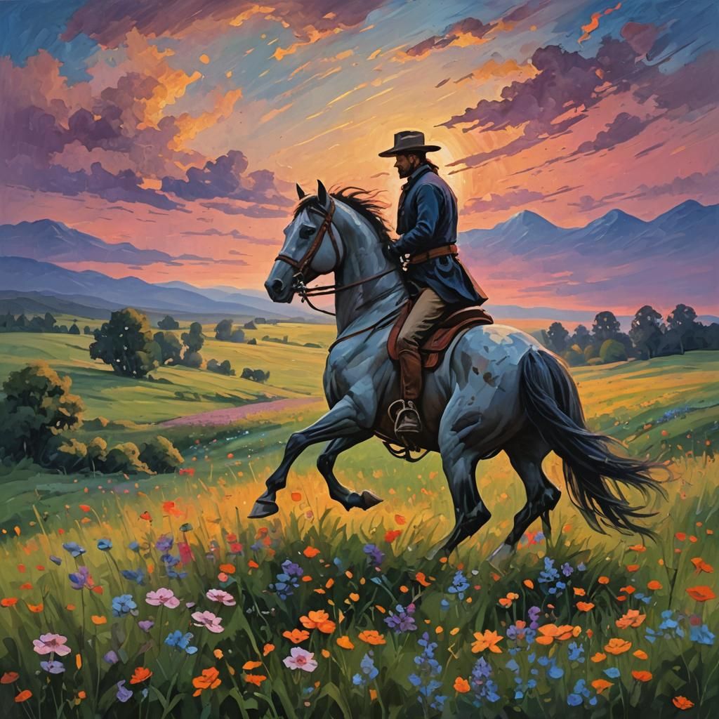 Horseman riding through a blooming meadow under a vivid twil...