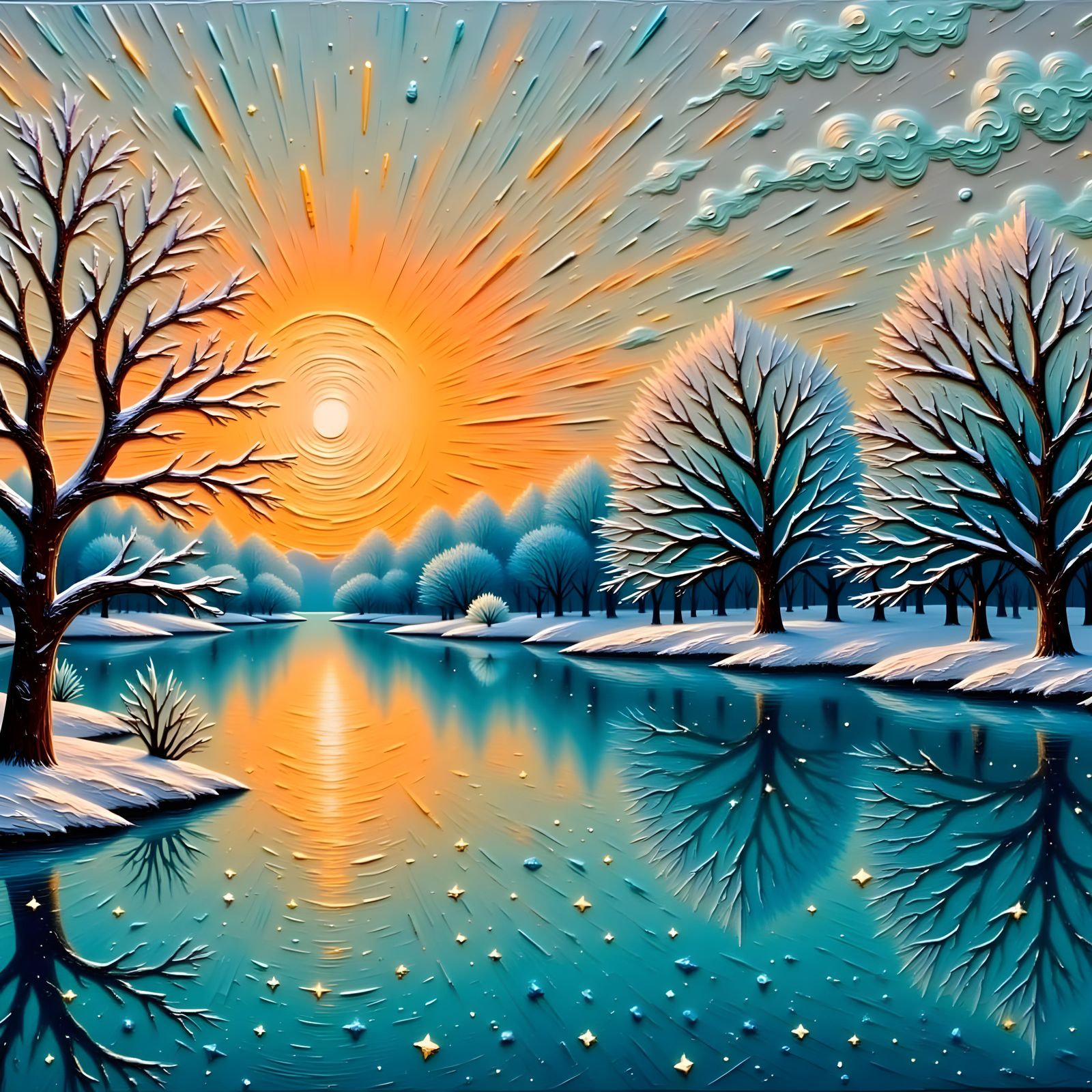 Tranquil turquoise lake with rippling Christian Riese Lassen-style water effects, resembling molten metal, ...  by @RMS