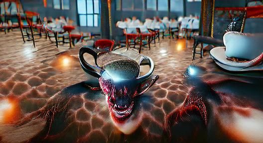 Beautiful demonic horror cafe 8k resolution surrealism holog...