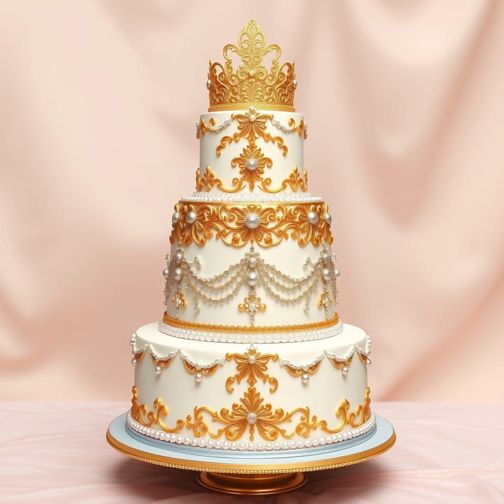 Magnificent multi-teired cake with gold decorations, 