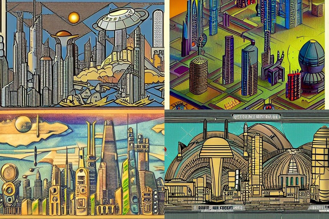 Sci-fi city in the style of Arts and Crafts movement