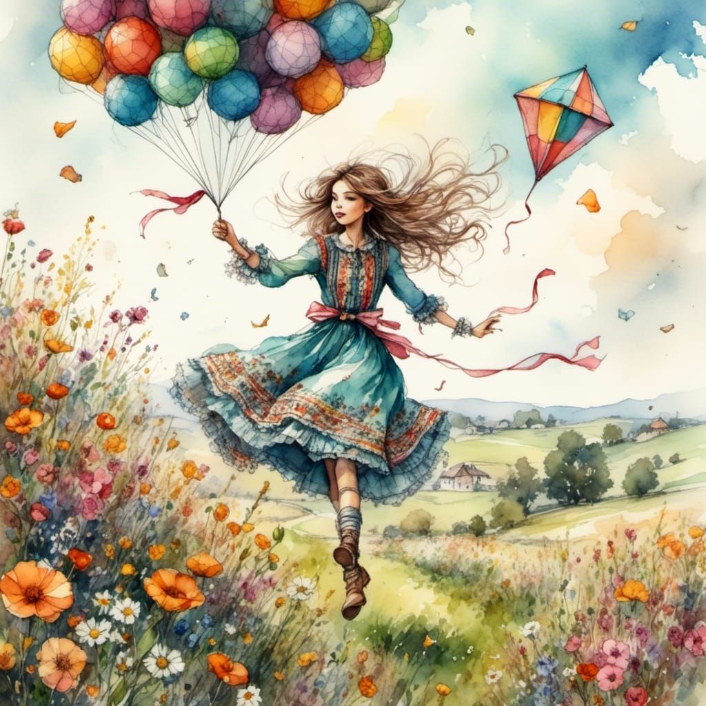  <lora:NicePainting:1.0> flying a kite in a field of blooming flowers