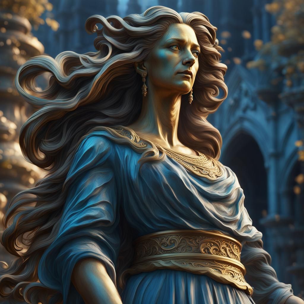 A statue of a lady with flowing hair