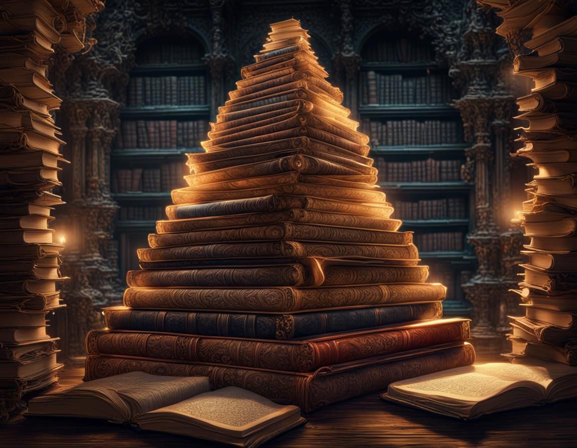 A pyramid of old books in a library - AI Generated Artwork - NightCafe ...