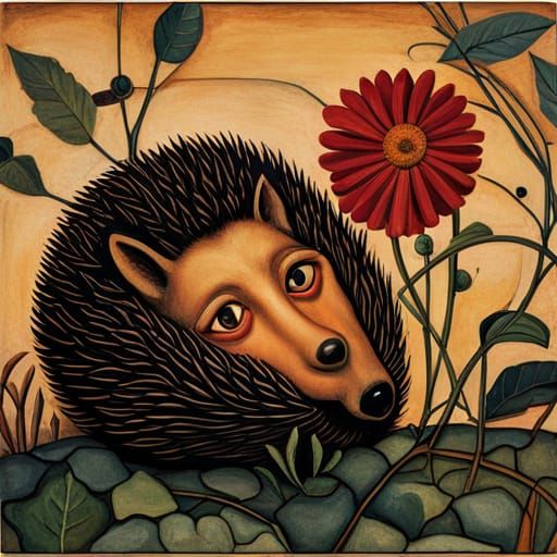 Hedgehog lays out a flower ornament on the wall of a madhous...