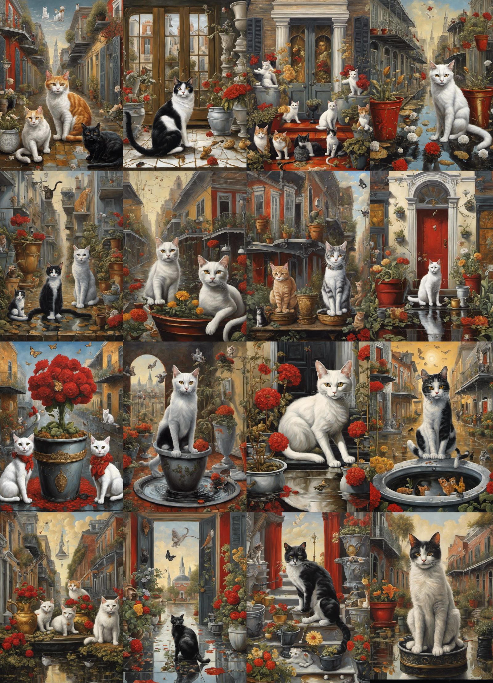 New Orleans. Magical setting. Cats. puddles. Flowerpots. In the style ...