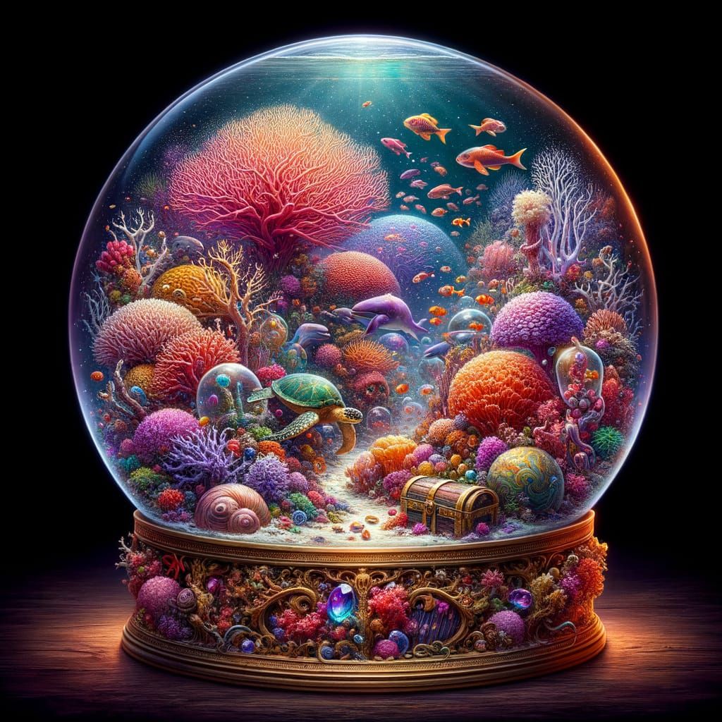 A magical underwater kingdom within a a snow globe