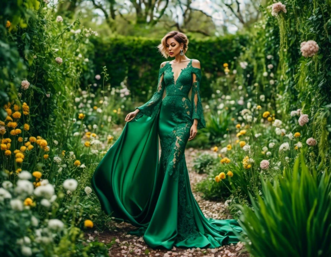 green lace gown, in a spring garden