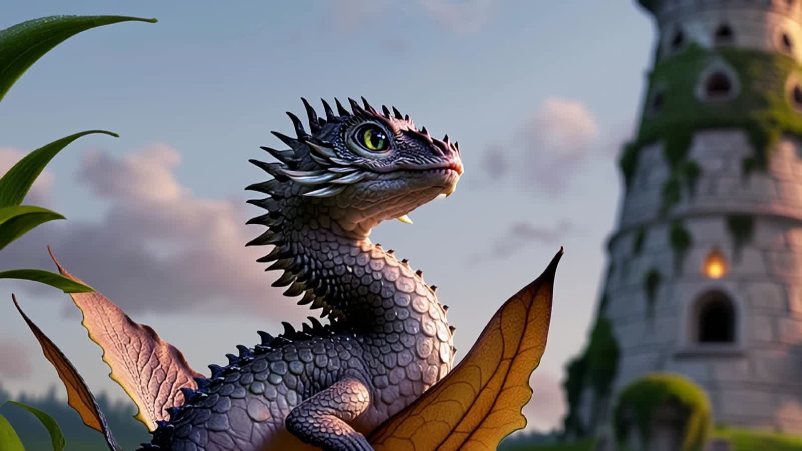 imagine a baby dragon resting on a dew-covered petal, gazing up at a towering lighthouse in the distance. The lighthouse...