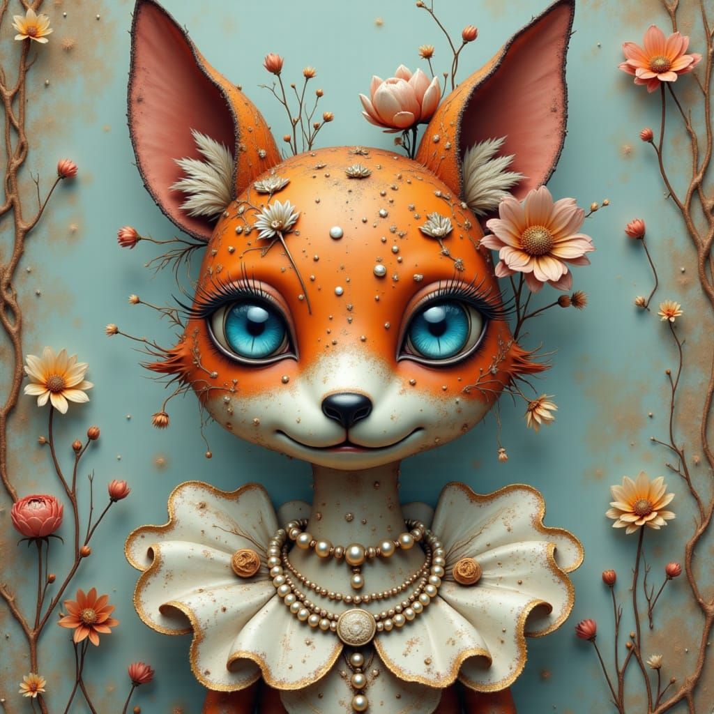 <lora:RustyMetalSurrealism:1.0> A surreal portrait of an anthropomorphic fox with intricate, floral lace-like details etched into their skin...