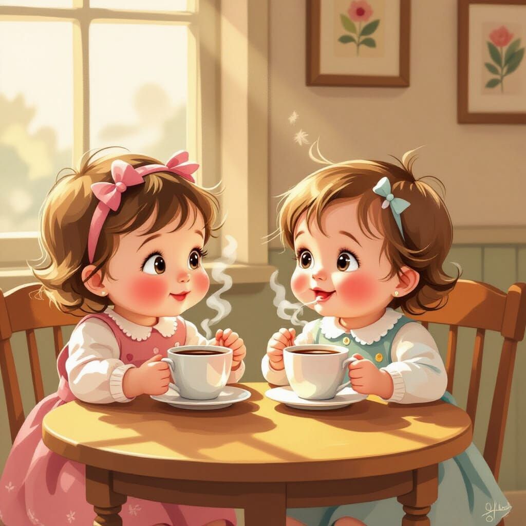 Whimsical Storybook Art of Babies Sipping Coffee