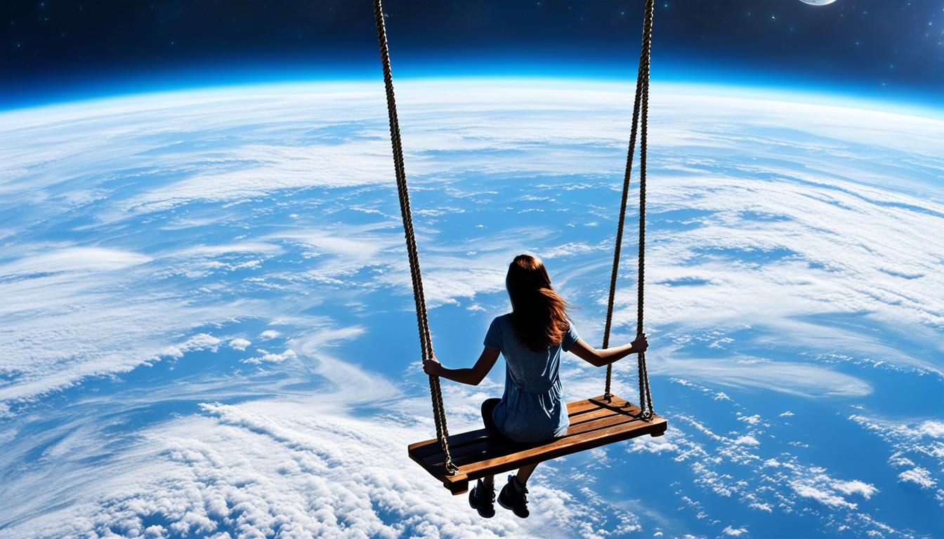 a child girl on a swing suspended over the earth  by @Erick Jimenez