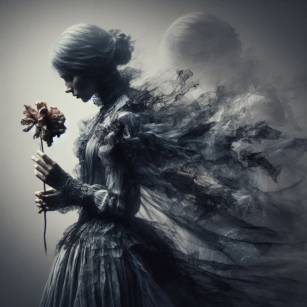 A ghostly figure in a worn, Victorian-era mourning outfit gr...