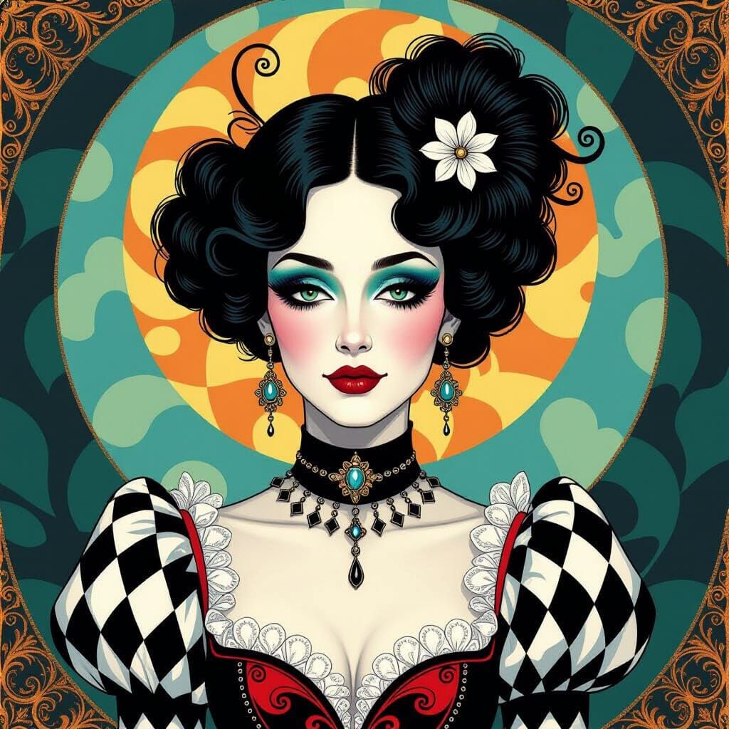 Elegant Harlequin Portrait in Blackwater Voodoo Style