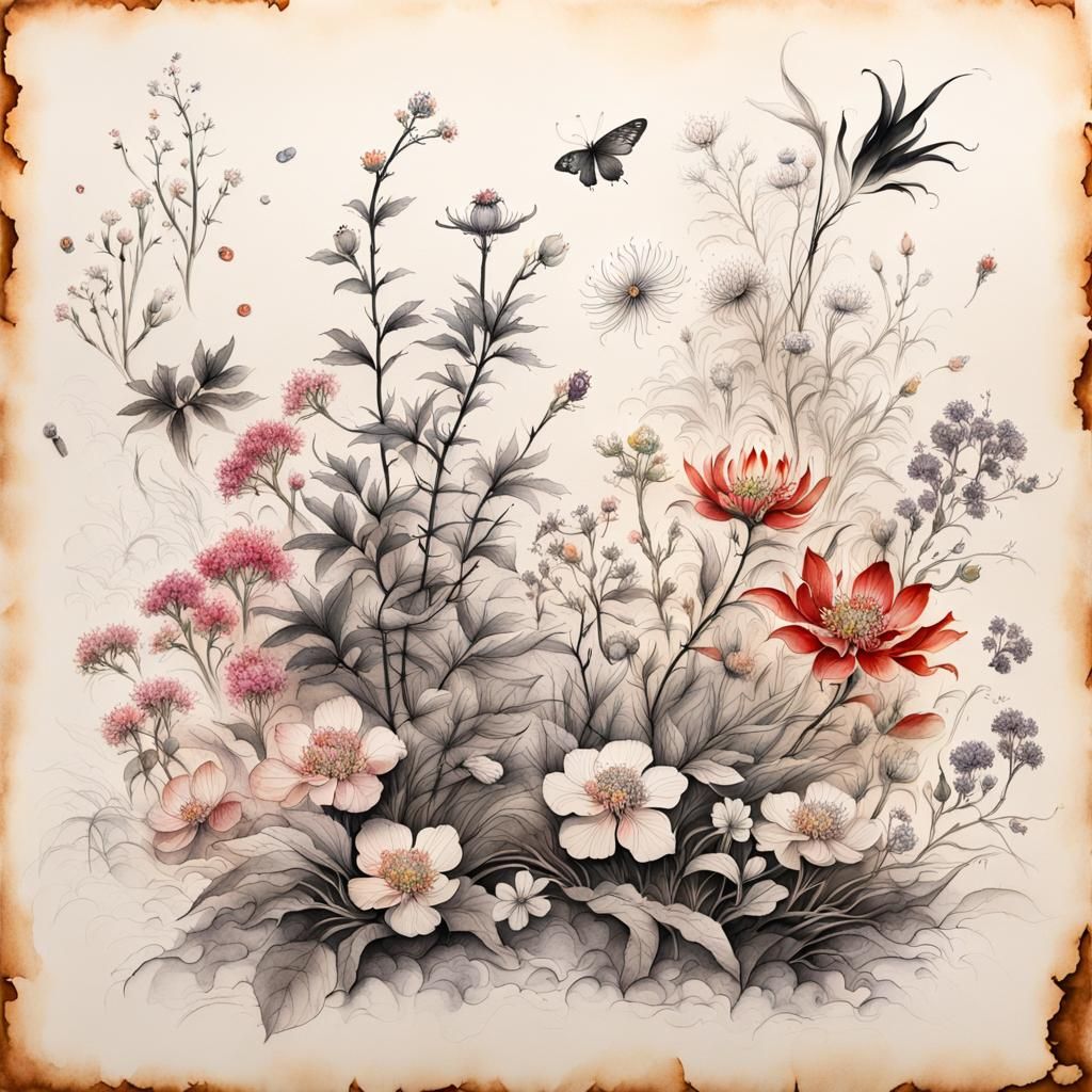 Intricate ink drawings of flowers   by @Lilsilverfish