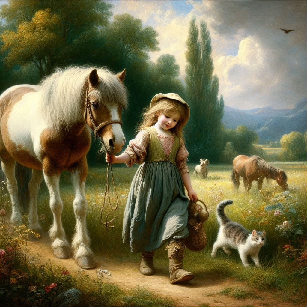 a little girl, her pony and cat