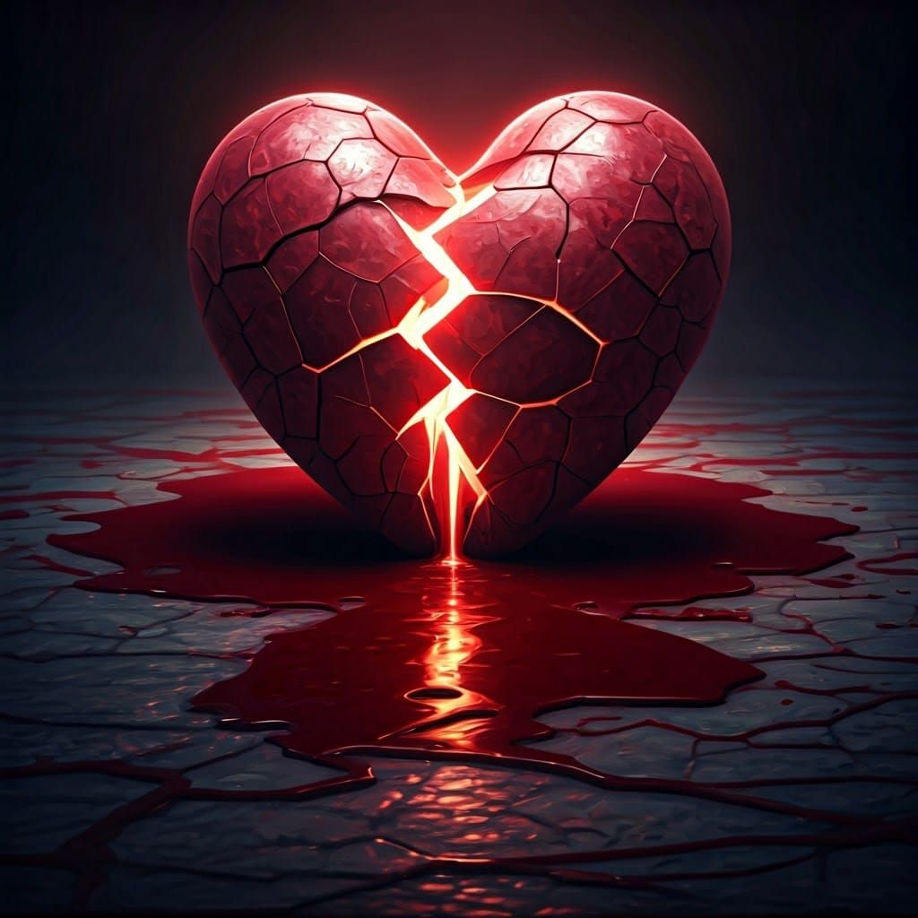Glowing Heart Shatters on Dark Stone Floor, Crimson Tears Me...