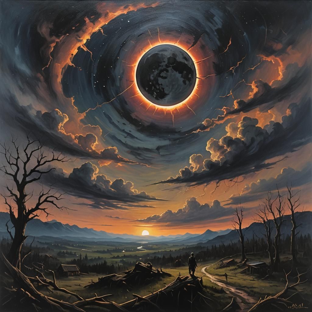 As darkness cloaked the land, a sense of foreboding gripped the world—the sky transformed into a canvas ...  by @Exo1124