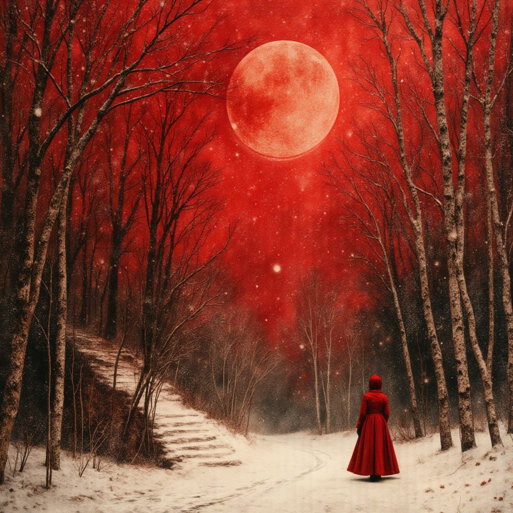 Vibrant Scarlet Winter Landscape in Expressive Oil Style