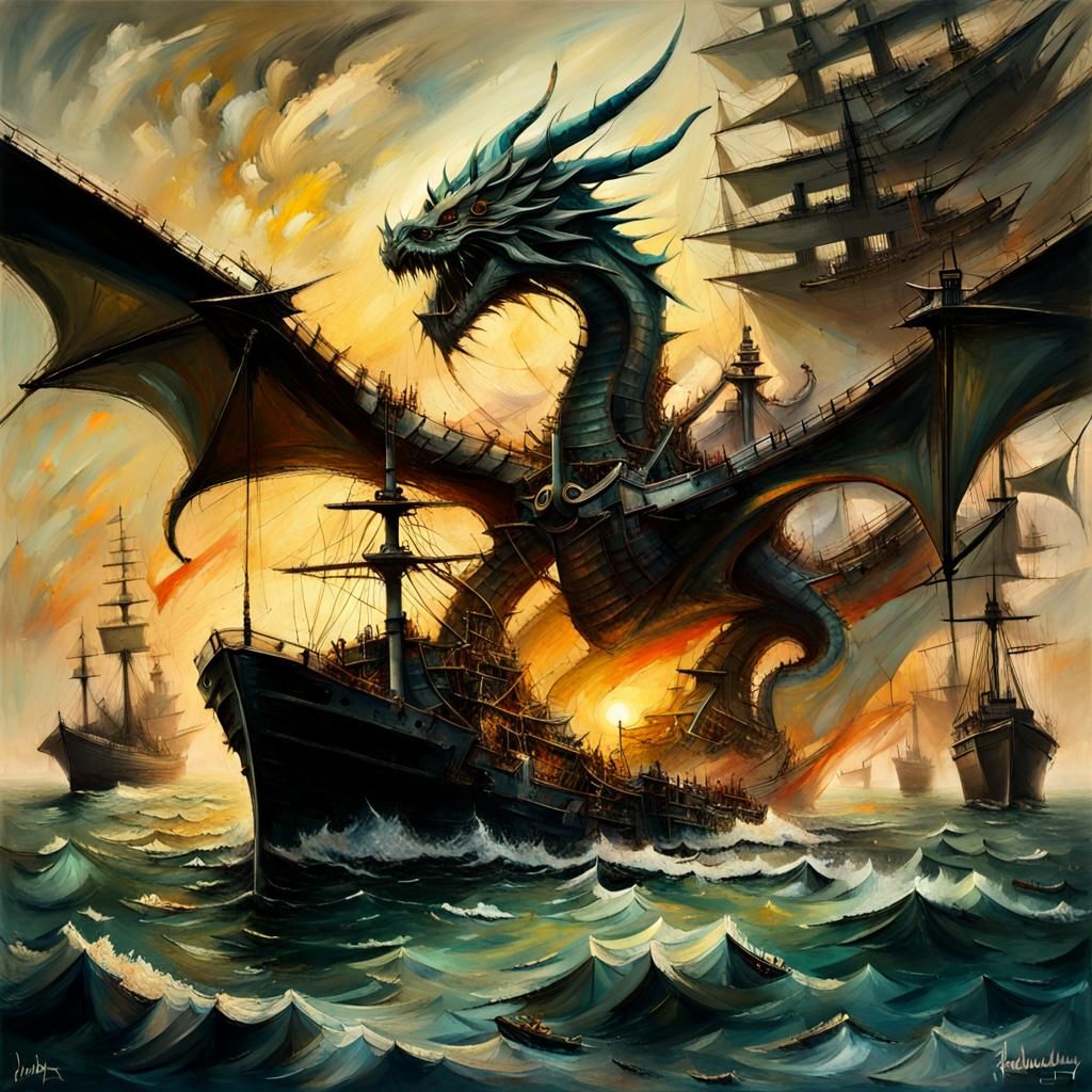 Aerial view of a Dragon attacking a fleet of ships