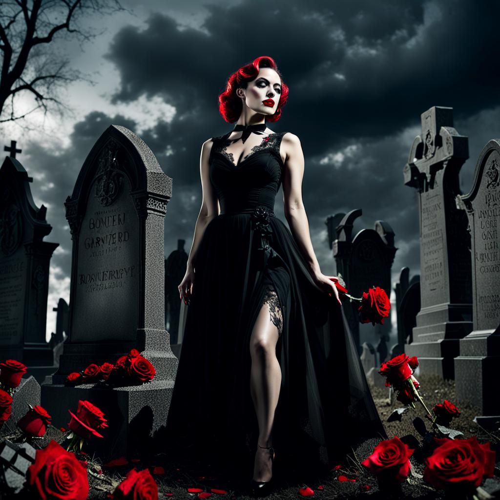A very feminine young woman out of the comic Burlesque Noir by Enrico Marini is leaning againt a big tombstone on a dark graveyard. All in b...