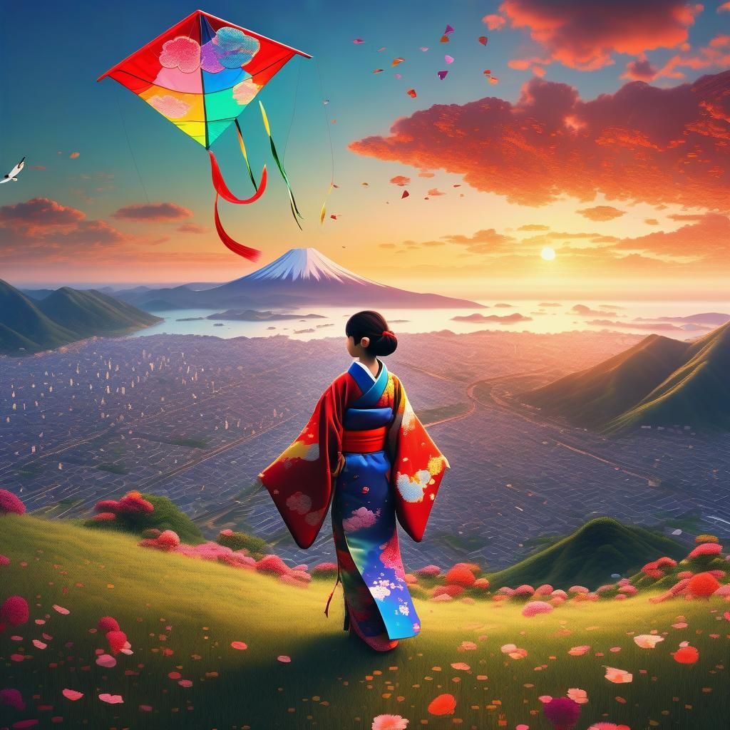 Beautiful Japanese girl in kimono flies a kite  by @SrgGrkv
