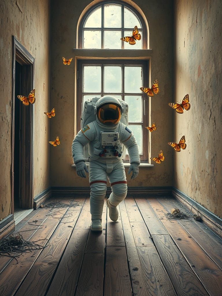 Astronaut in Abandoned Room with Butterflies, Surreal Art