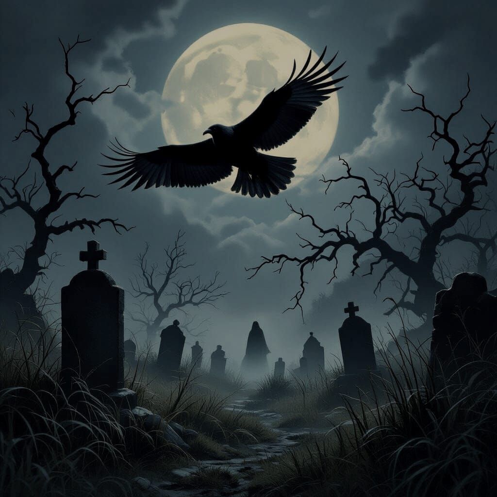 Flying raven over a graveyard with dead trees and long grass under full moon with ghostly figure

