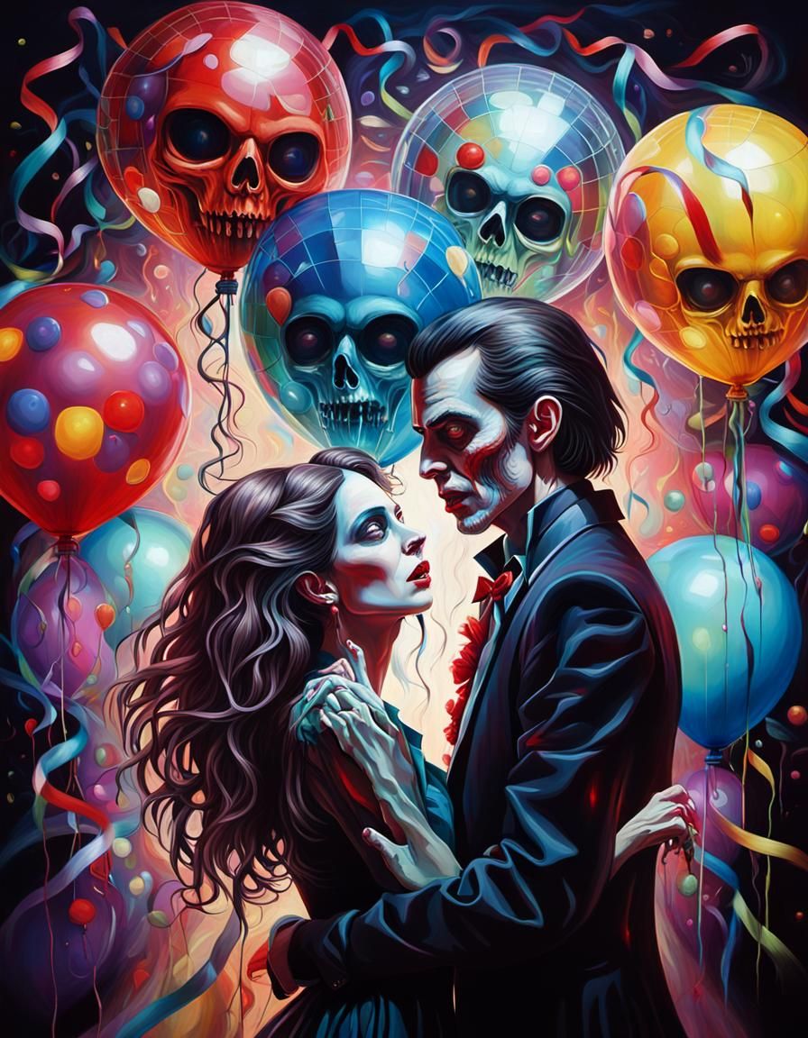A vampire and a zombie woman slow dancing under a disco ball, surrounded by streamers and balloons.  by @Ima
