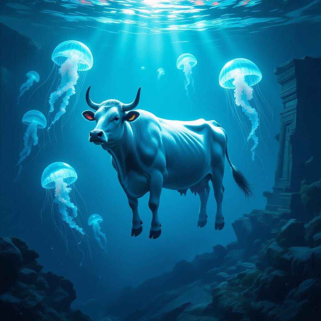 A majestic, bioluminescent cow floats serenely in a deep ocean trench, surrounded by ethereal, glowing jellyfish. The scene is bathed in an ...