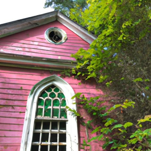overgrown pink church with window
