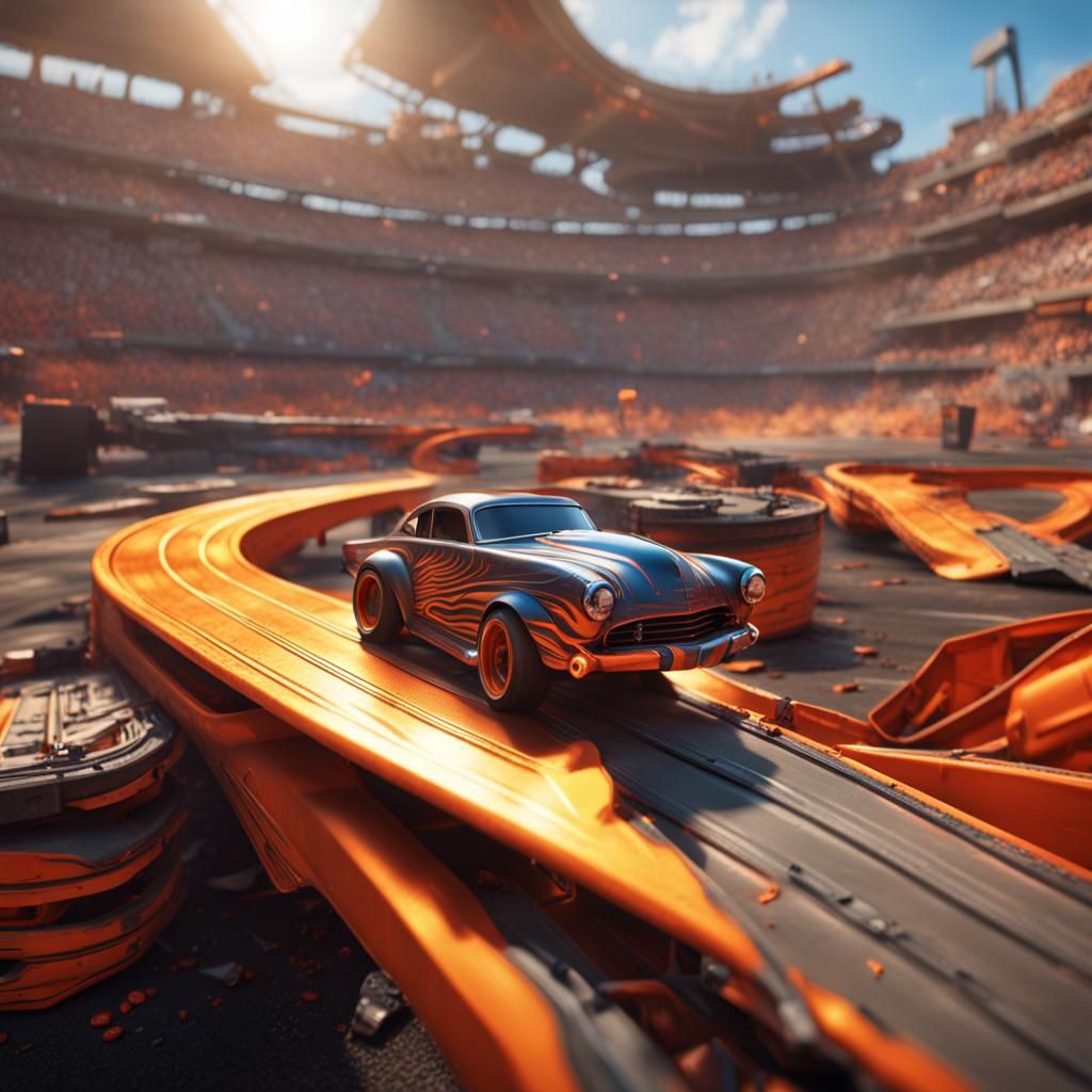 Real life hot wheels race track with crashed hot wheels