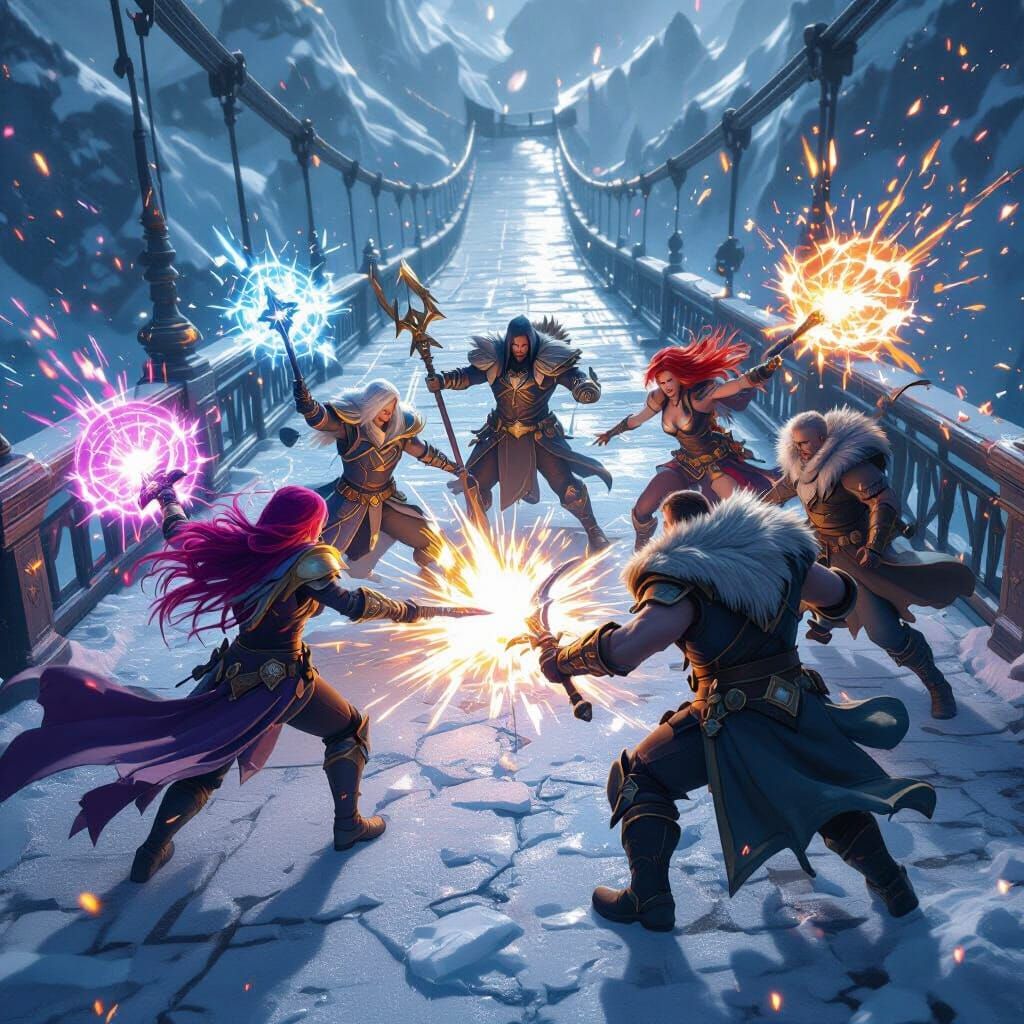 A hyper-realistic image of an intense 5v5 teamfight in the middle of Howling Bridge in ARAM. Colorful ability bursts illuminate the scene, w...