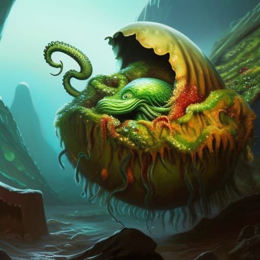 Baby Cthulhu cracking out of egg - AI Generated Artwork - NightCafe Creator