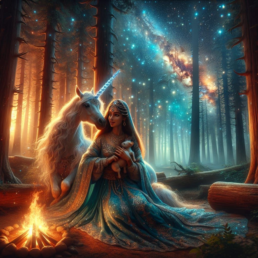 Epic closeup shot of an gorgeous princess embracing her pet unicorn, a heartwarming meaningful portrait, standing in the center of an old-wo...