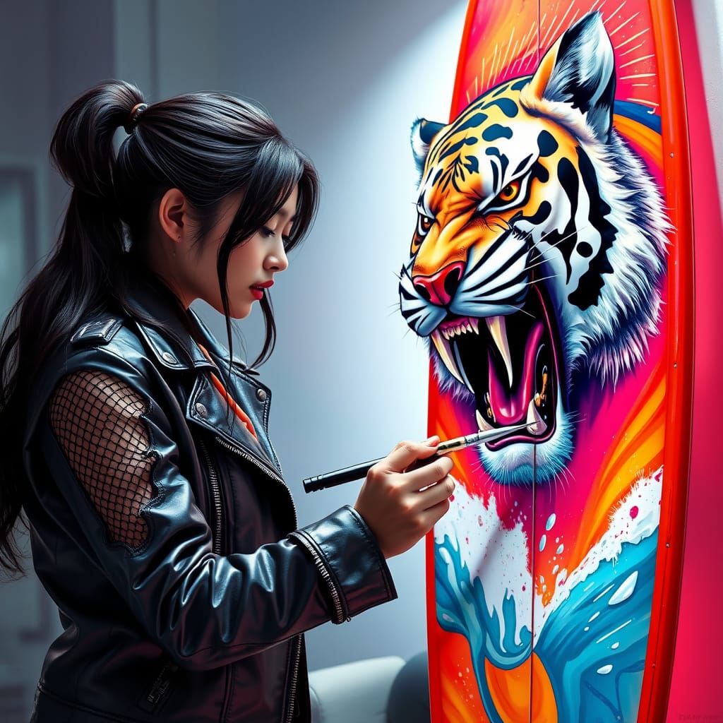 Asiatic female artist wearing ripped fishnet sleeves and leather jacket, airbrushing a vibrant surfboard, ...  by @undefined