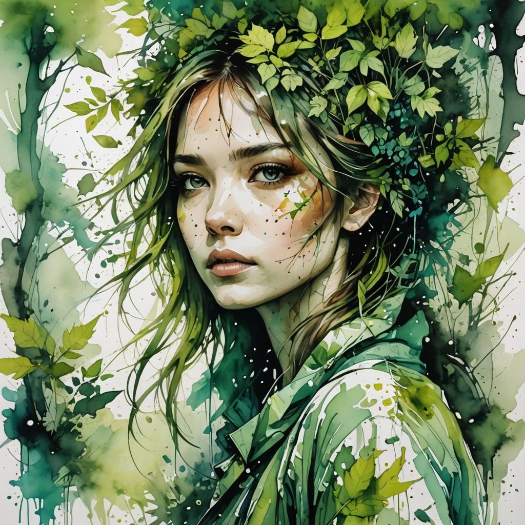 Lush Green Park in Watercolor and Ink