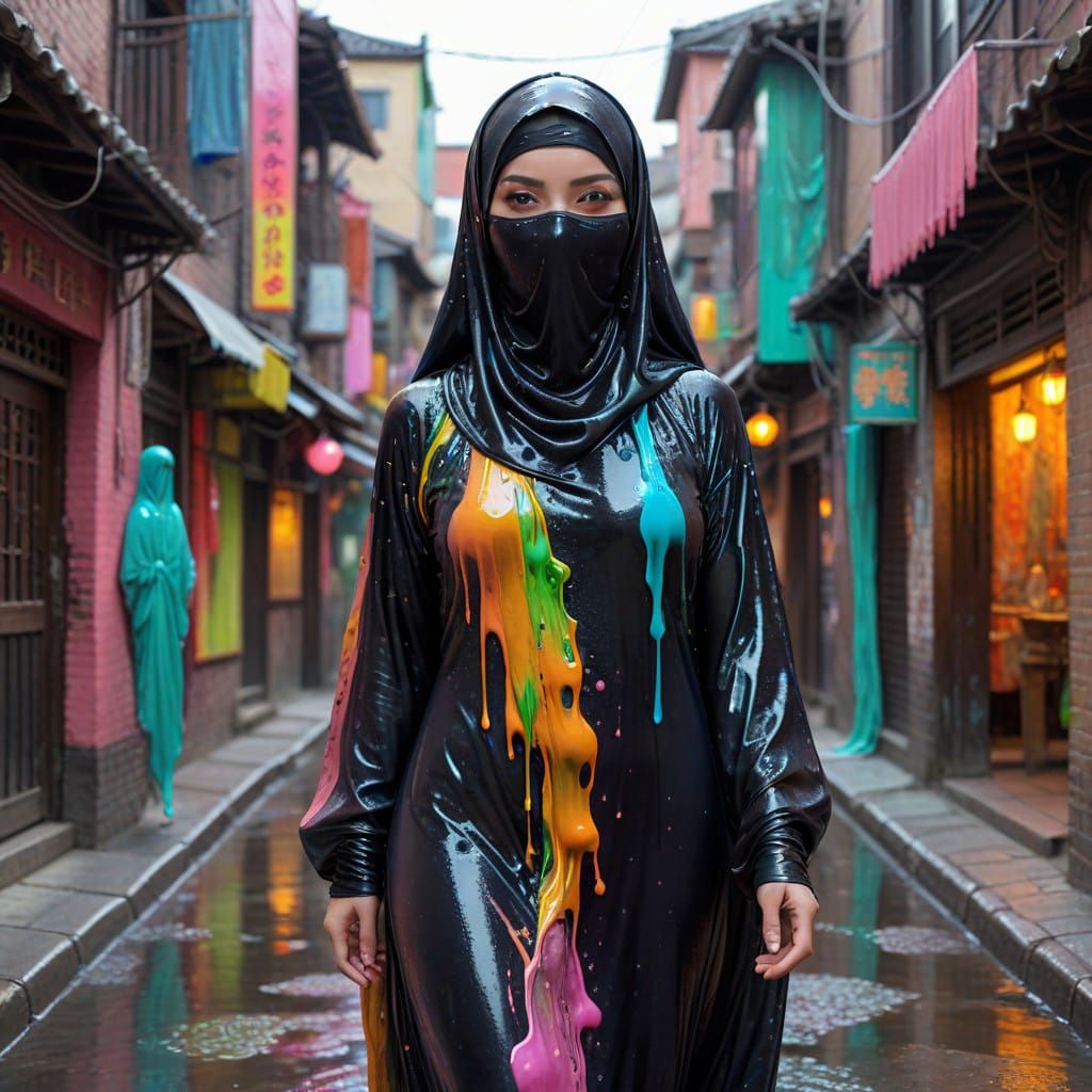 Glowing Slime City Scene with Oriental Lady