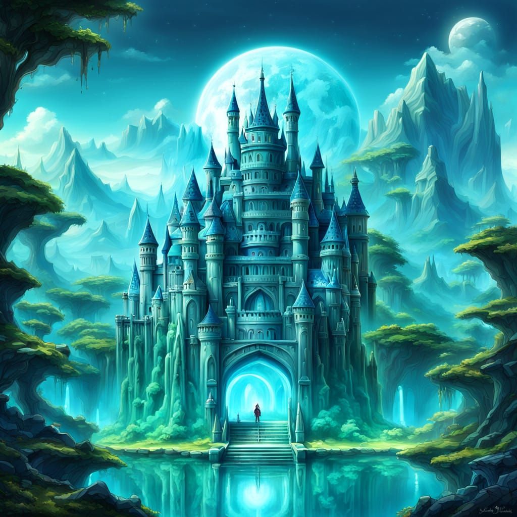Great big castle + cyan, turquoise + fantasy + shiny + paradise, utopia + land space + fantastical, mysterious ...  by @Joo