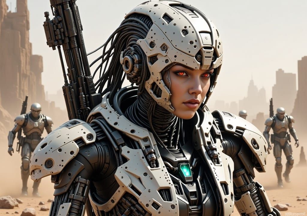 <lora:Cyborgs Flux:1.0>Insanely detailed, photorealistic,  Mostly robotic cyborg soldier, many cyberneric implants, on a desrtic foreign pla...