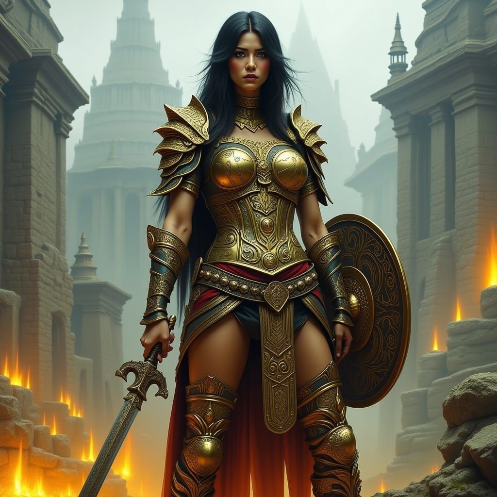  <lora:Yellow Flux:1.0>  warrioress