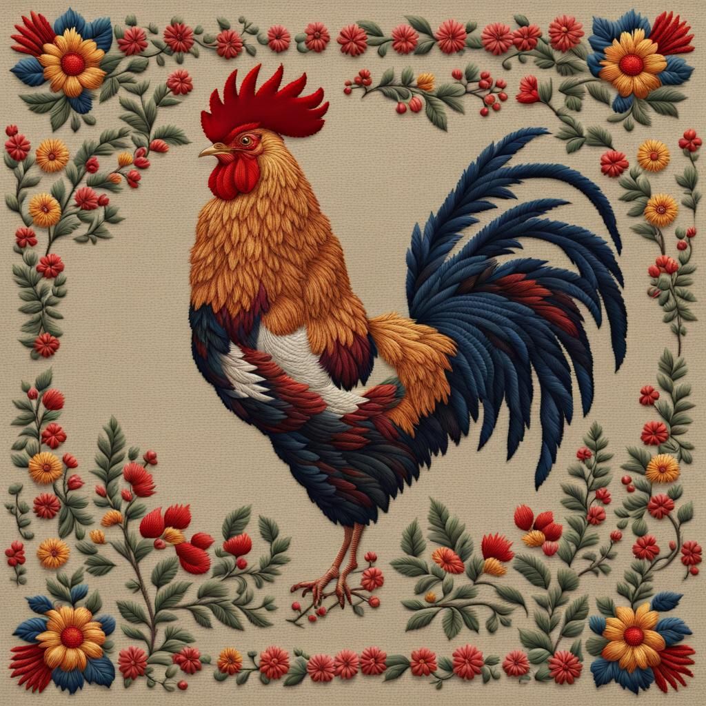 Embroidered folk art pattern including a rooster on luxurious cloth  by @CherryandPaul