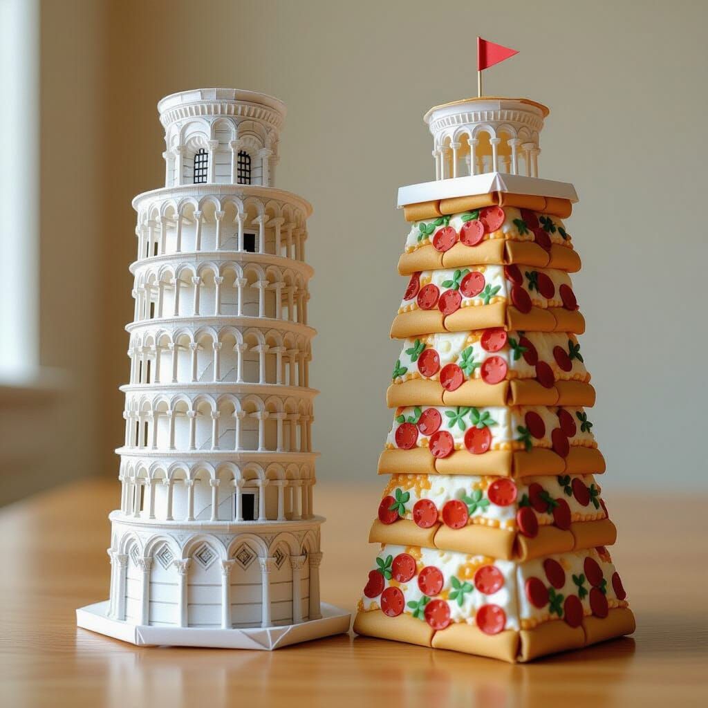 Origami Pisa Tower & Pizza Tower in Papercraft Style
