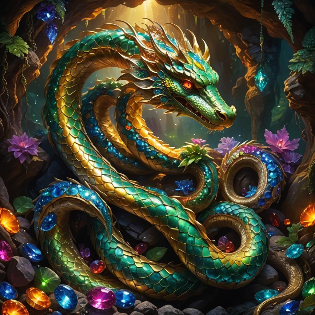 Mythical serpent with scales shimmering like precious gems, ...